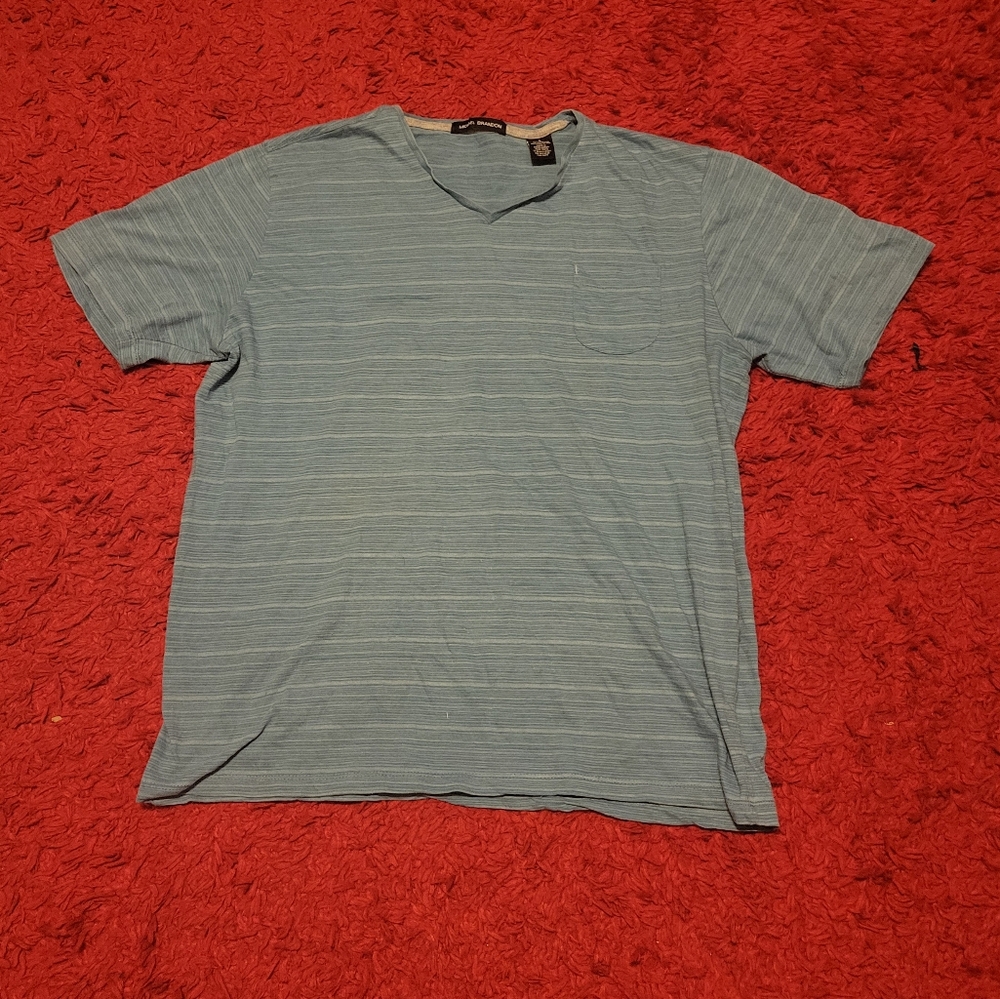 Blue striped pocket v neck Micheal Brandon tee shirt women's size large